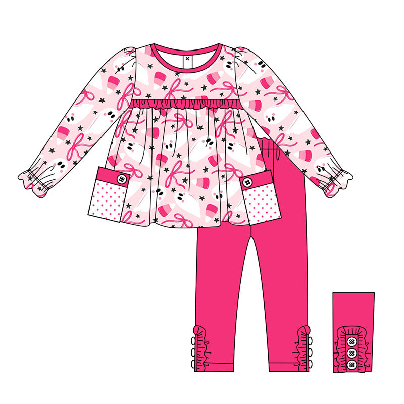 GLP1762 Baby Girls Halloween Pink Ghost Top Hot Pink Pants Set Pre-order