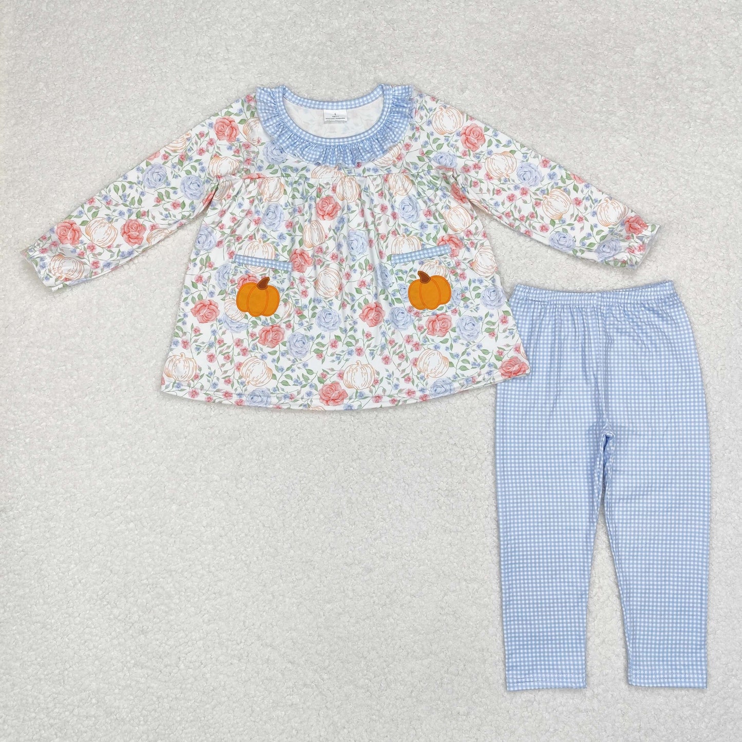 Baby Girls Flower Pumpkin Long Sleeve Top Blue Pants Outfit