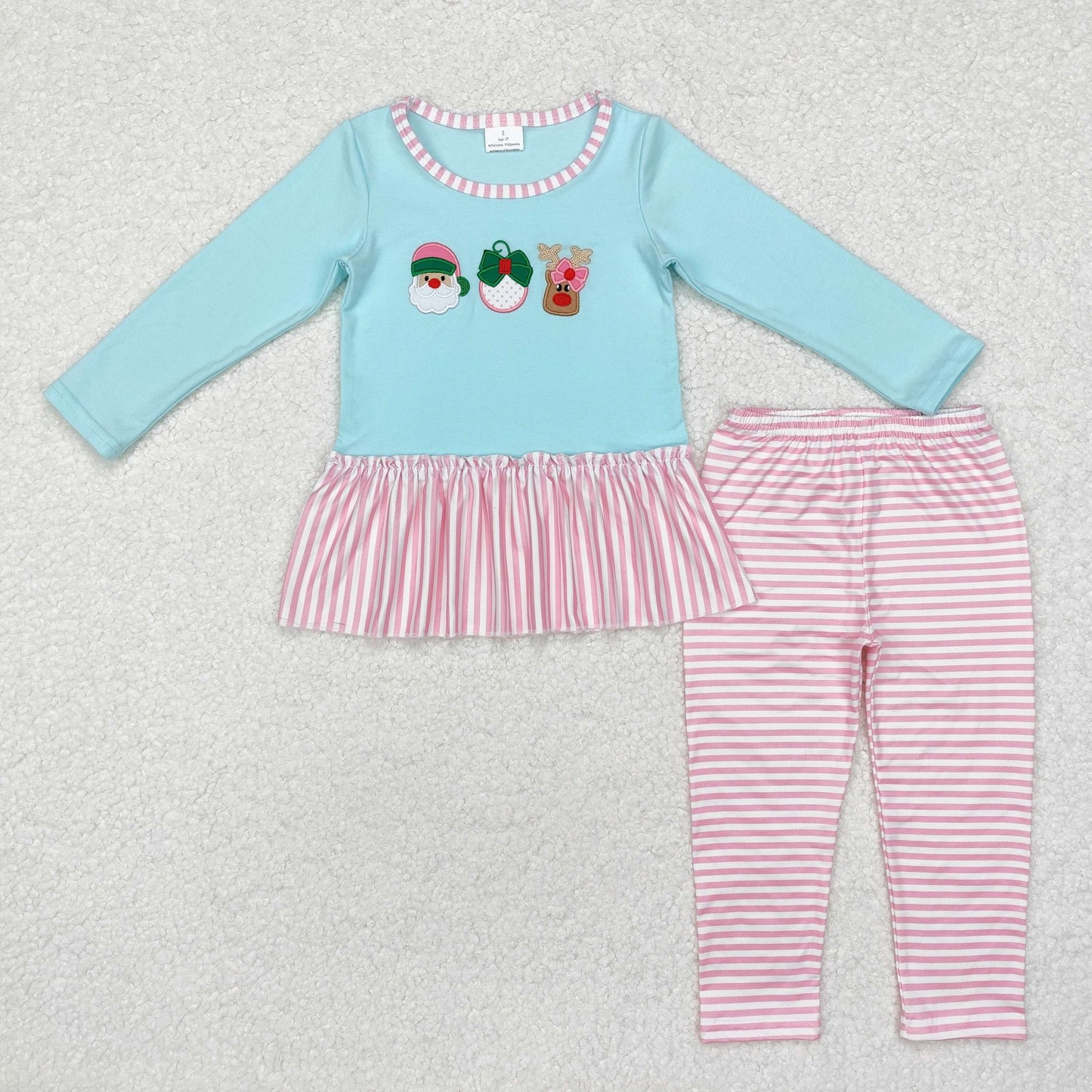 Toddler Girls Sister Christmas Santa Elk Pink Striped Outfit and Romper