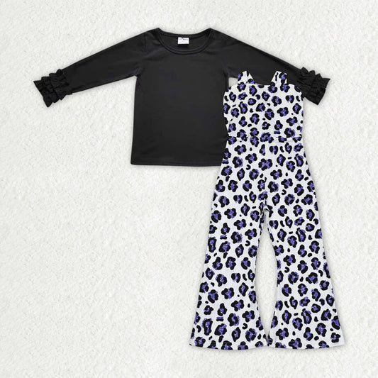 Baby Girls Black Top and Purple Leopard Overall Outfit