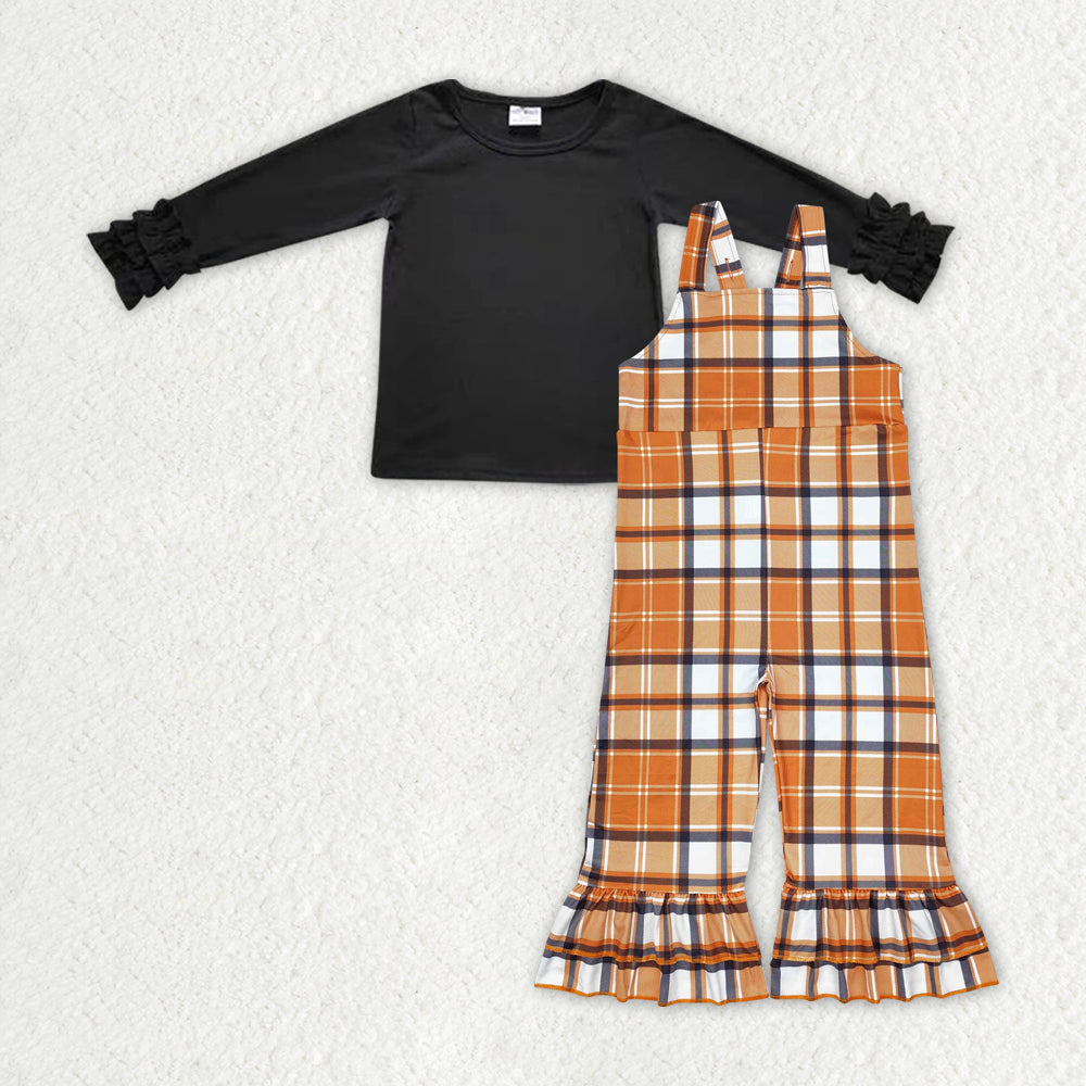 Baby Girls Black Top and Brown Plaid  Overall Outfit