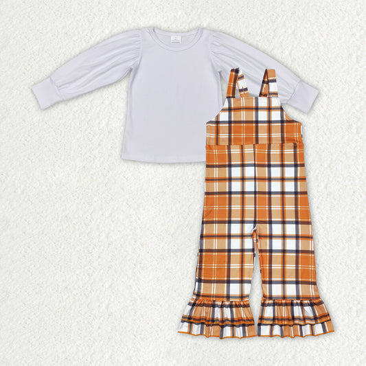 Baby Girls White Top and Brown Plaid  Overall Outfit