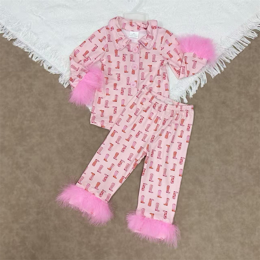 Baby Girls Sibling  Boots /Bow Pink Long Sleeve Pajama Set With Fur