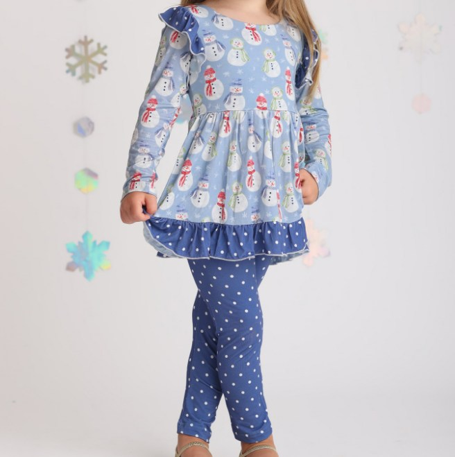 3 MOQ  Baby Girls Snowmen Blue Tunic Top Polka Dot Leggings Outfit Pre-order