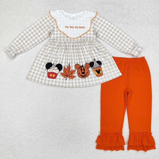 It's The Season Halloween Pumpkin Checkered Cartoon Tunic Ruffle Pants Clothes Sets