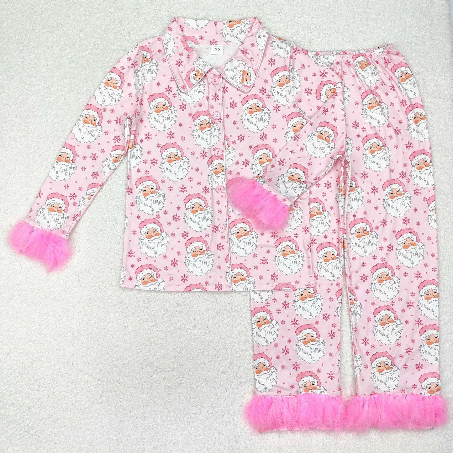 Mommy And Me Christmas Santa Pink Fur Button Down Pajamas Clothes Sets