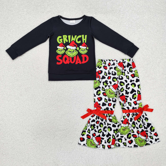 Baby Girls Christmas Black Long Sleeve Top Green Bell Bottom Pants Outfit