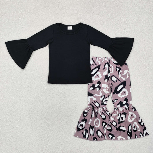 Baby Girls Black Ruffle Sleeves Top Leopard Print Set