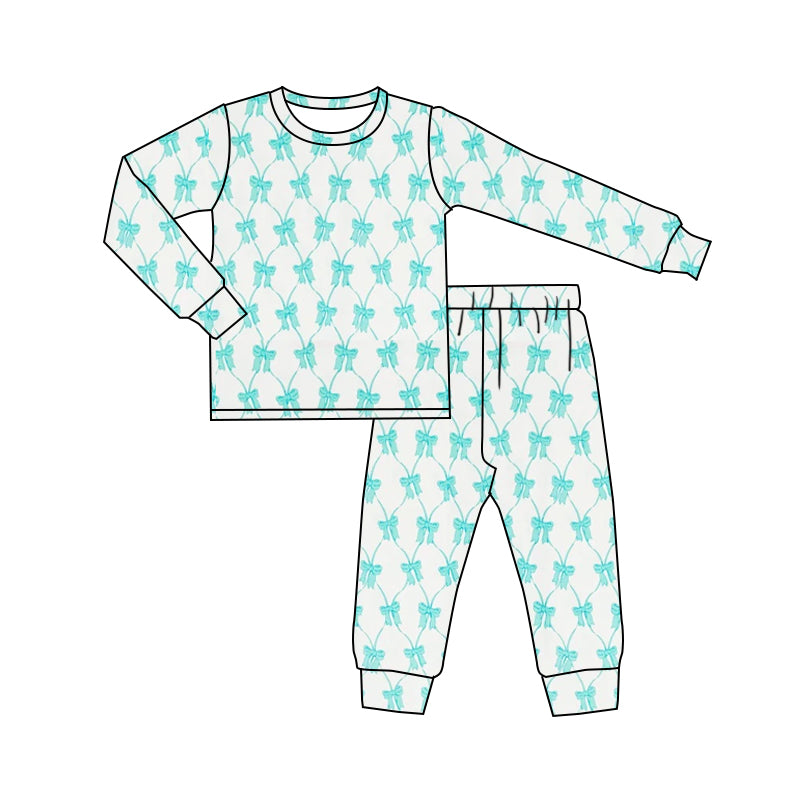 Toddler Girls Blue Bow Long Sleve Pajama Set Pre-order