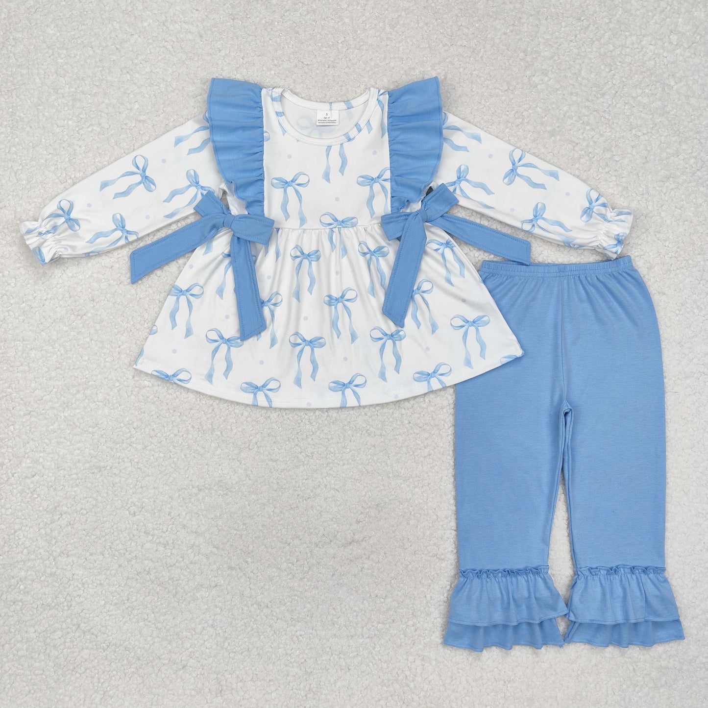 Sibling  Baby Sister Blue Bow Tunic Pants and Romper