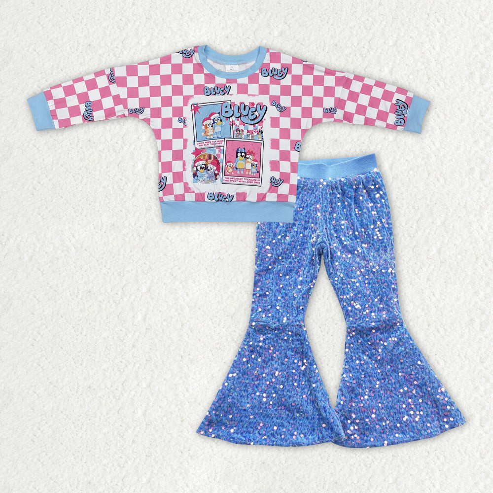 Baby Girls Christmas Cartoon Dog Top Blue Sequin Pants Set