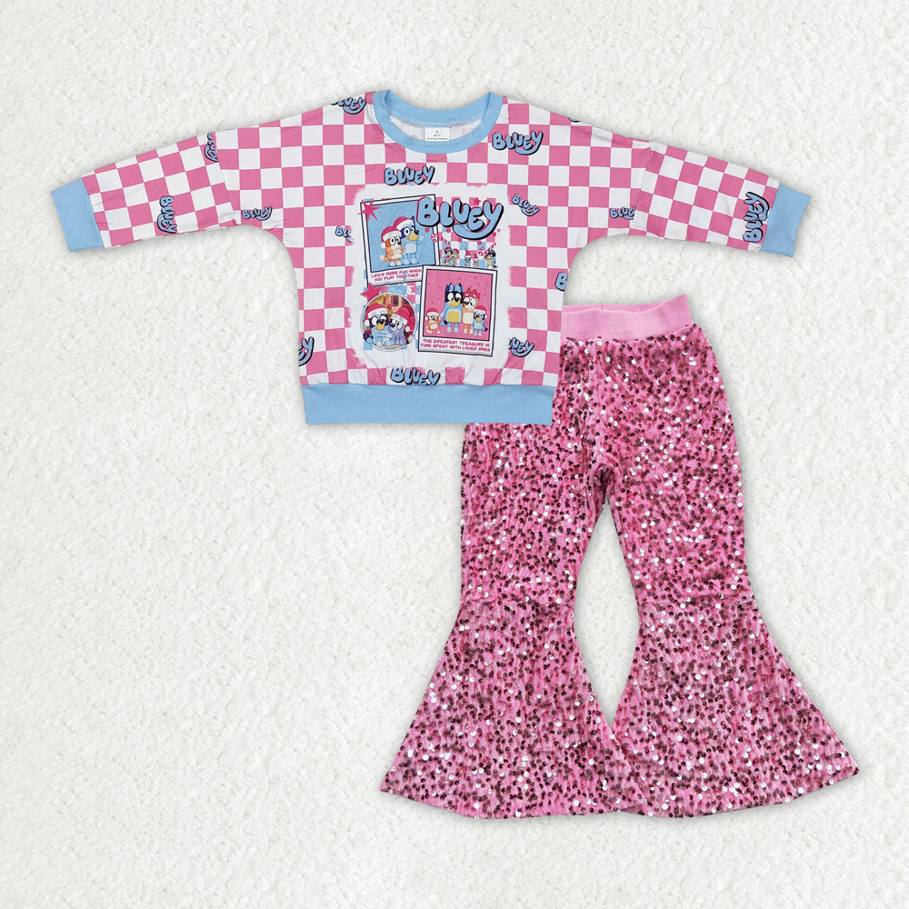 Baby Girls Christmas Cartoon Dog Top Pink Sequin Pants Set