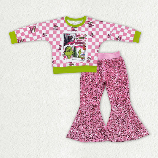 Baby Girls Christmas Green Face Top Pink Sequin Pants Set