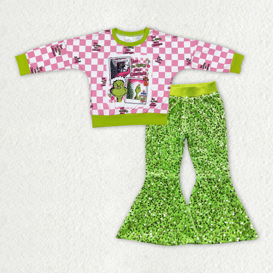 Baby Girls Christmas Green Face Top Green Sequin Pants Set