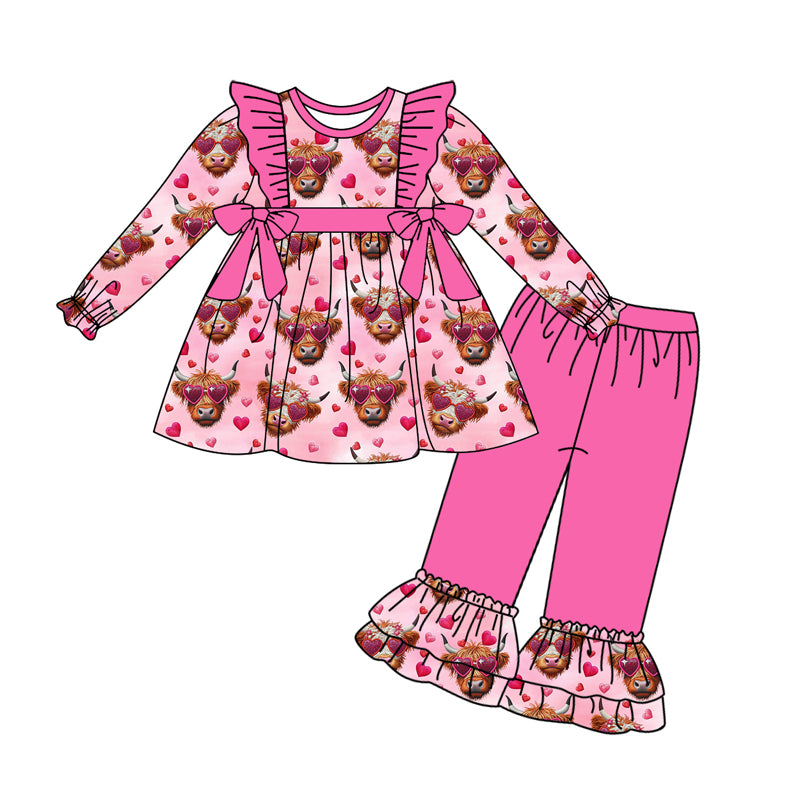 Sibling Baby Girls Heart Highland Cow Set Dress and Romper Preorder