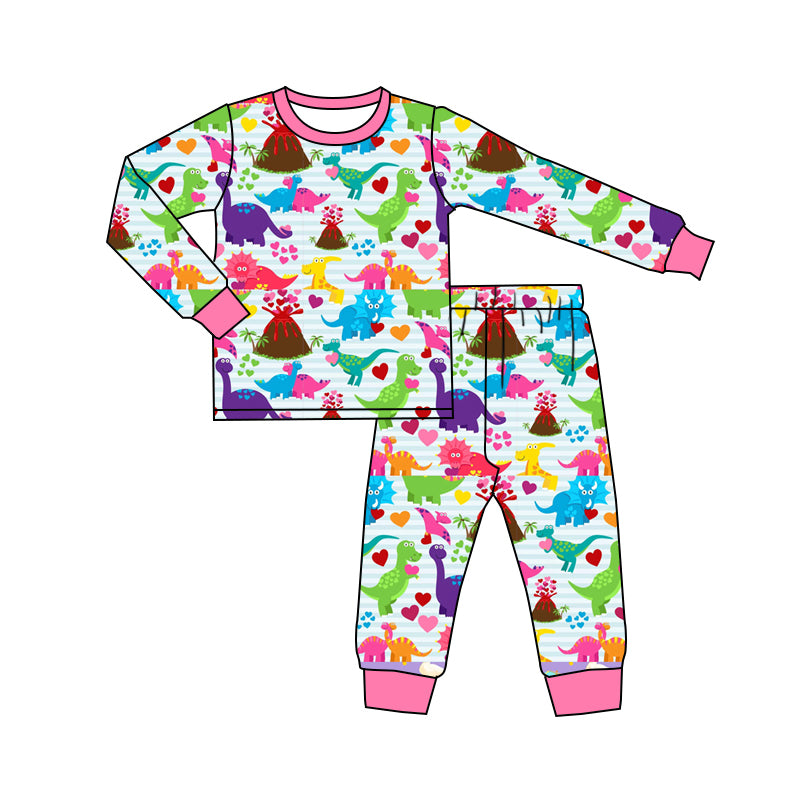 Toddler Baby Girls Sister Heart Dinosaur Long Sleeve Pajama Set and Romper