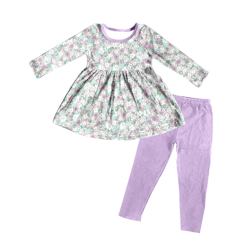Kids Girls Spring Outfit Purple Floral Tunic Top Legging Set Preorder
