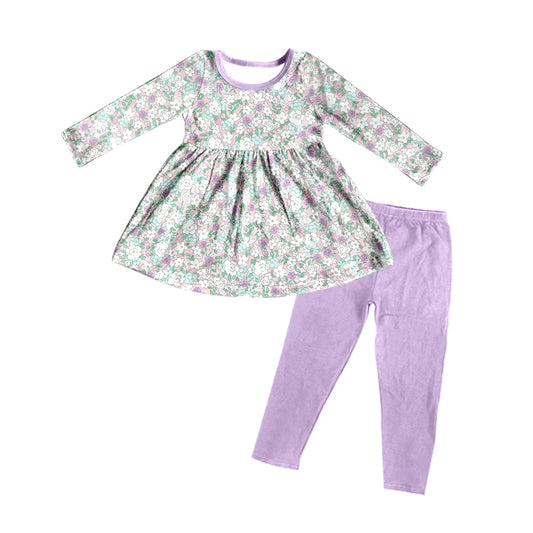 Kids Girls Spring Outfit Purple Floral Tunic Top Legging Set Preorder