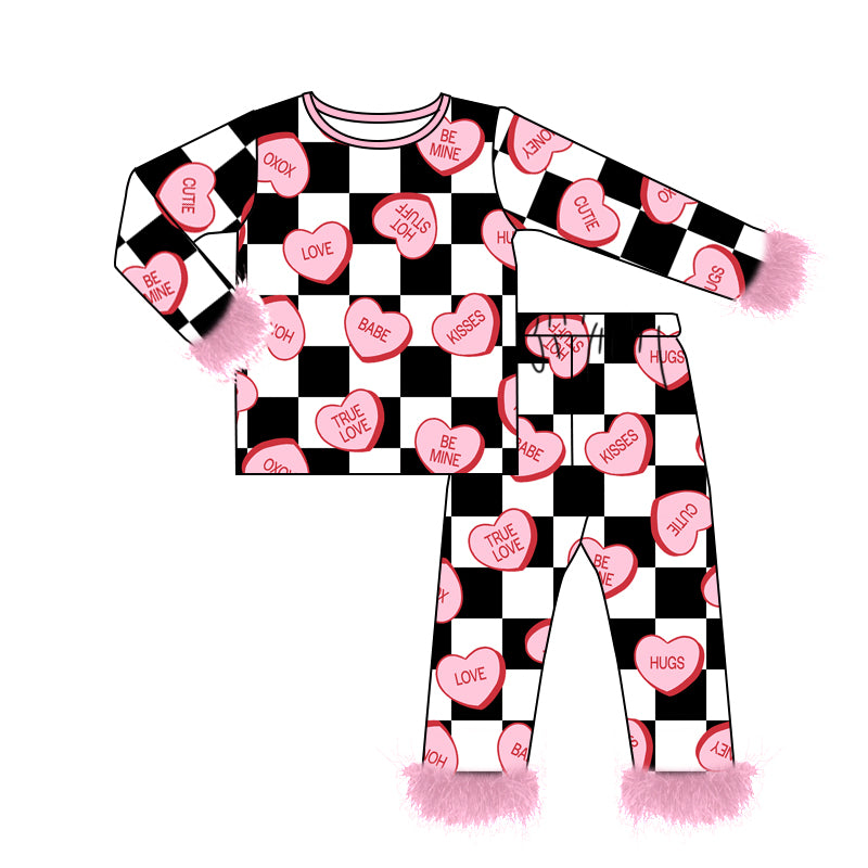 Toddler Girls Valentine's Day Heart Checked Long Sleeve Pajama Set With Fur Preorder