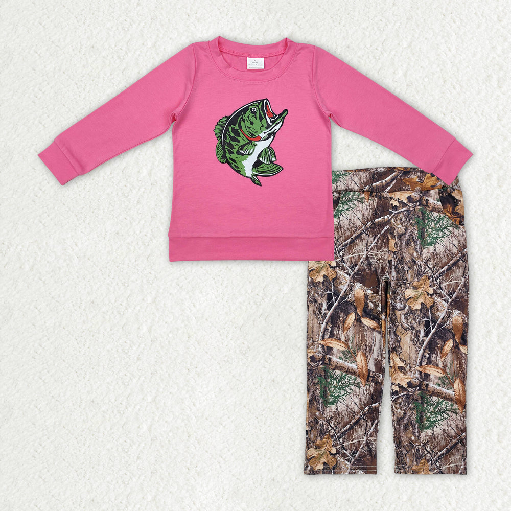 Baby Girls Hot Pink Long Sleeves Fish Print Top Brown Bottomland Camo Pant Set