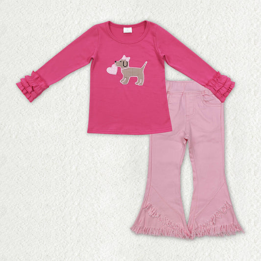 Baby Girls Valentine's Day  Dog Top Pink Denim Pants Set