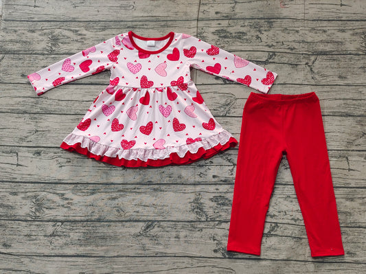 Baby Girls Pink Long Sleeves Hearts Print Tunic Red Legging Pants Set Preorder