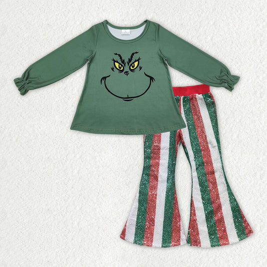 Baby Girls Christmas Green Face Top Sequin Pants Outfit RTS