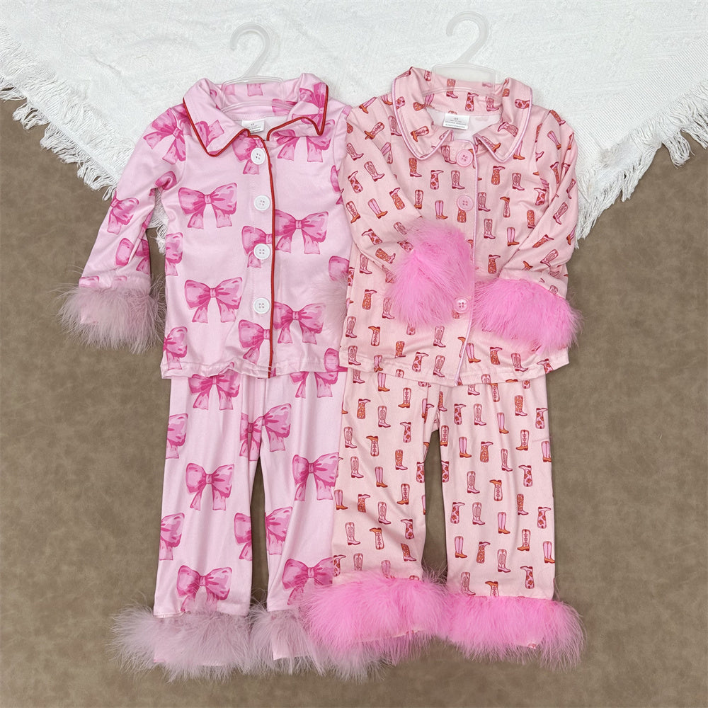 Baby Girls Sibling  Boots /Bow Pink Long Sleeve Pajama Set With Fur