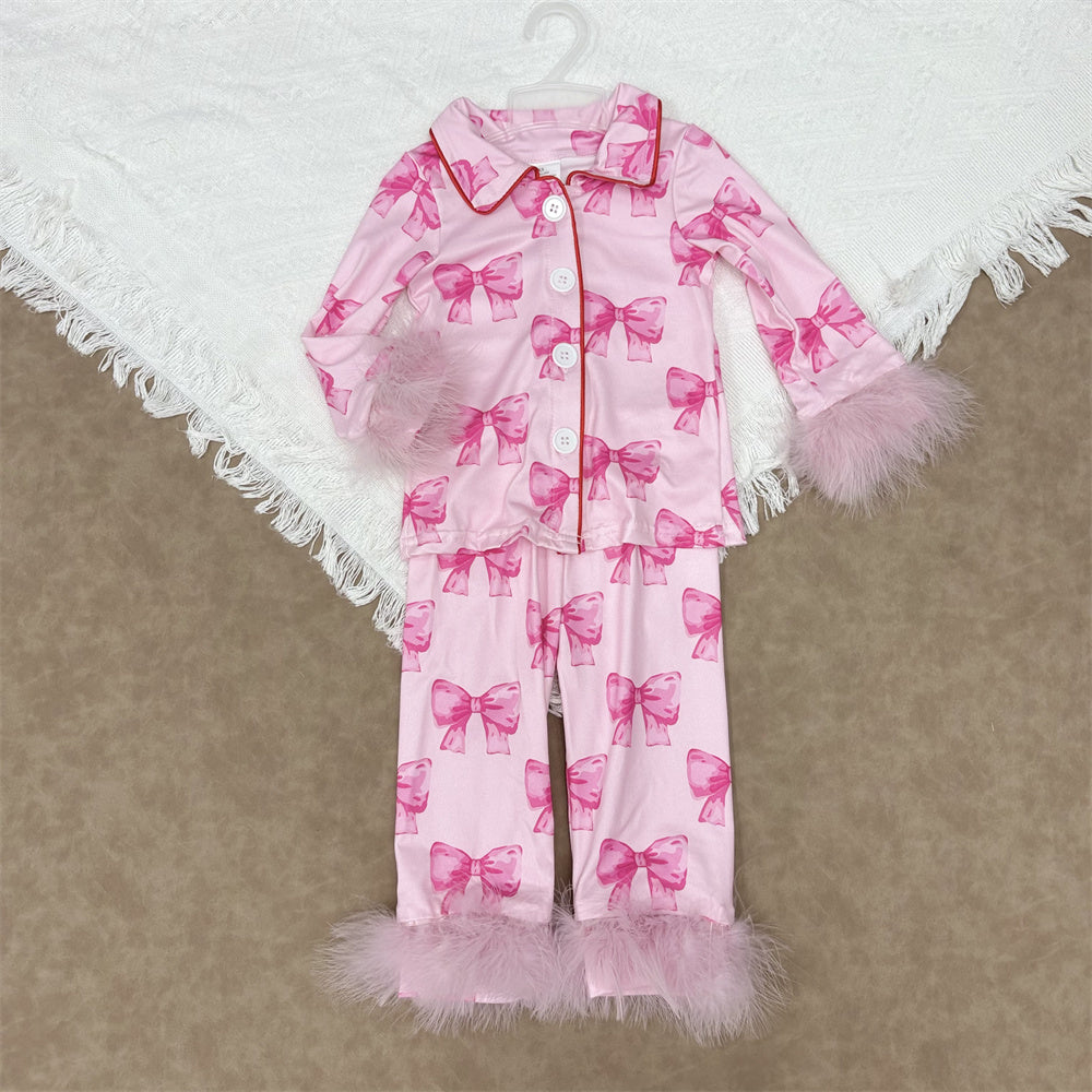 Baby Girls Sibling  Boots /Bow Pink Long Sleeve Pajama Set With Fur