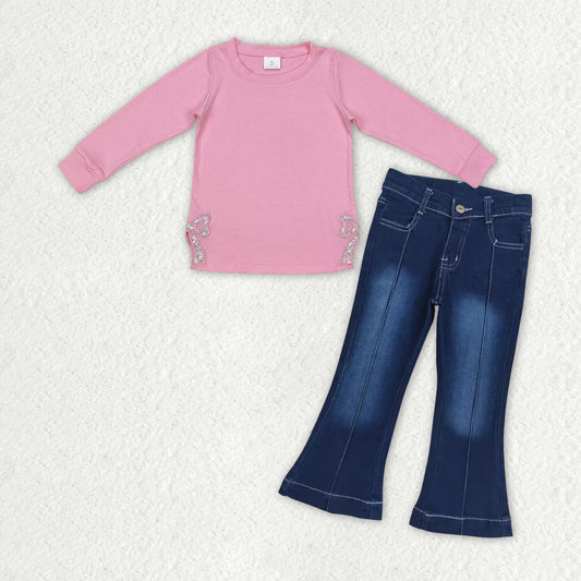 Baby Girls Pink Embroidery Bow Top Blue Bell Bottom Denim Pant Suit