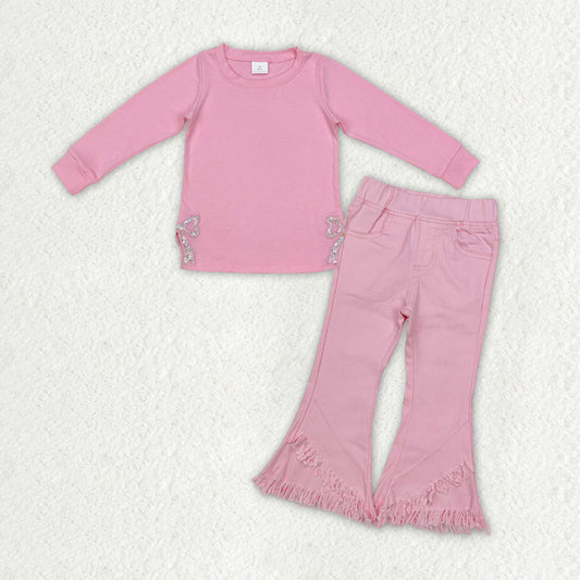 Baby Girls Pink Embroidery Bow Top Pink Bell Bottom Denim Pant Suit