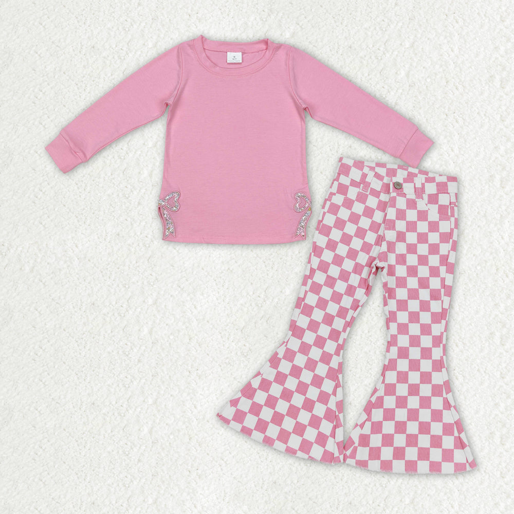 Baby Girls Pink Embroidery Bow Top Pink Plaid Bell Bottom Denim Pant Suit