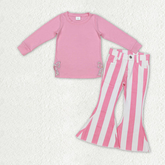 Baby Girls Pink Embroidery Bow Top Pink Stripe Bell Bottom Denim Pant Suit