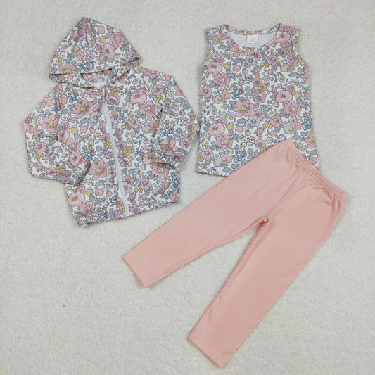 Baby Girls Peach Floral Print Hoodie Vest Top Leggings Pant Match 3 pcs Set