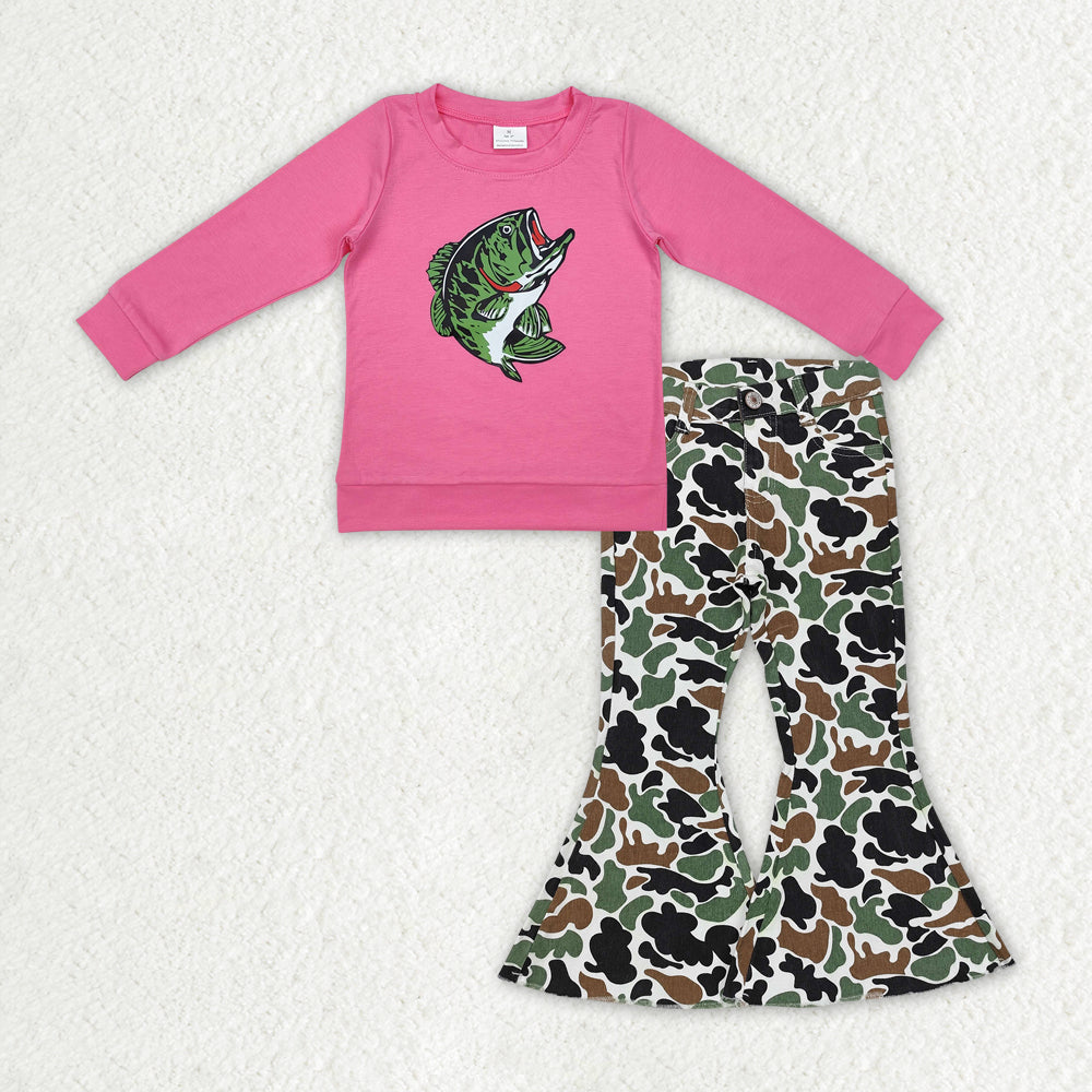 Baby Girls Hot Pink Long Sleeves Fish Print Top Green Brown Camo Denim Bell Bottom Pant Set