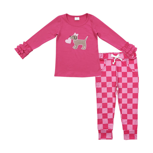 Baby Girls Hot Pink Long Ruffle Sleeves Embroidery Heart Dog Print Top Plaid Pocket Pant Valentines Set