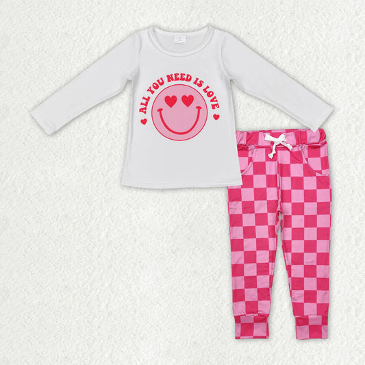 Baby Girls White Long Sleeves Smile Top Plaid Pocket Pant Valentines Set