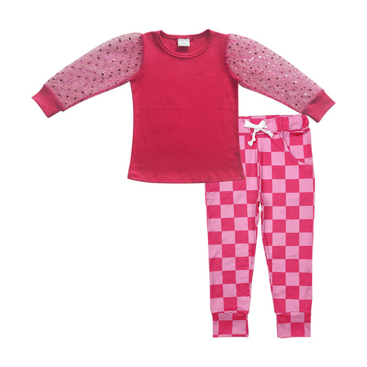 Baby Girls Hot Pink Sequin Long Sleeves Top Plaid Pocket Pant Valentines Set