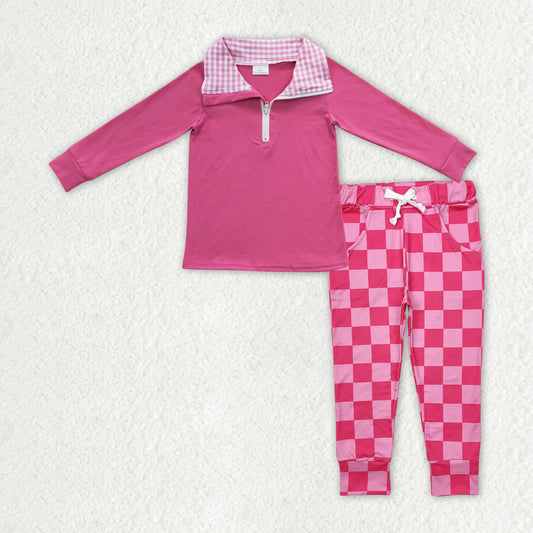 Baby Girls Hot Pink Long Sleeves Zipper Pullover Top Plaid Pocket Pant Valentines Set