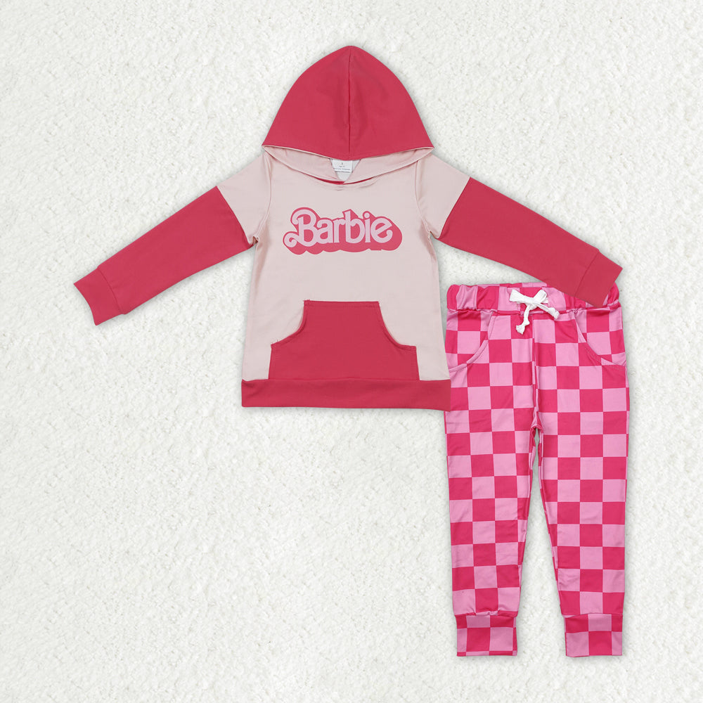 Baby Girls Peach Long Sleeves Pocket Hoodie Top Plaid Pocket Pant Valentines Set