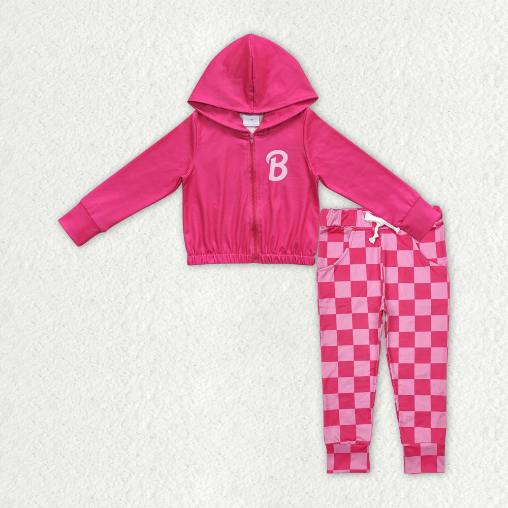 Baby Girls Hot Pink Long Sleeves Zipper Hoodie Top Plaid Pocket Pant Valentines Set