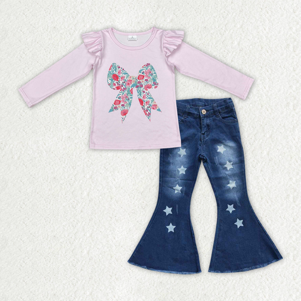 Baby Girls Pink Long Flutter Sleeves Floral Bow Top Blue Stars Bell Bottom Denim Pant Valentines Set