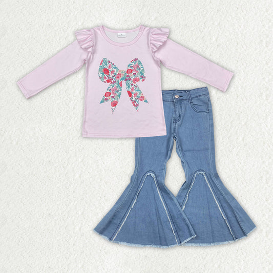 Baby Girls Pink Long Flutter Sleeves Floral Bow Top Light Blue Bell Bottom Denim Pant Valentines Set