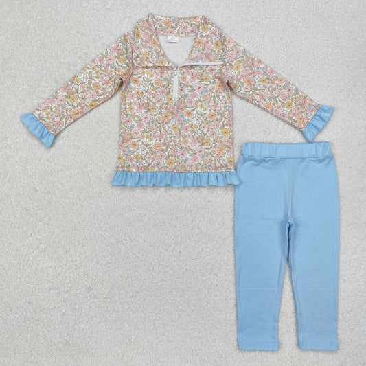 Baby Girls Long Ruffle Sleeves Floral Print Zipper Pullover Blue Legging Pant Set