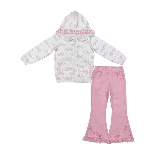 Baby Girls Pink Long Sleeves Bows Zipper Hoodie Bell Bottom Denim Pant Valentines Set