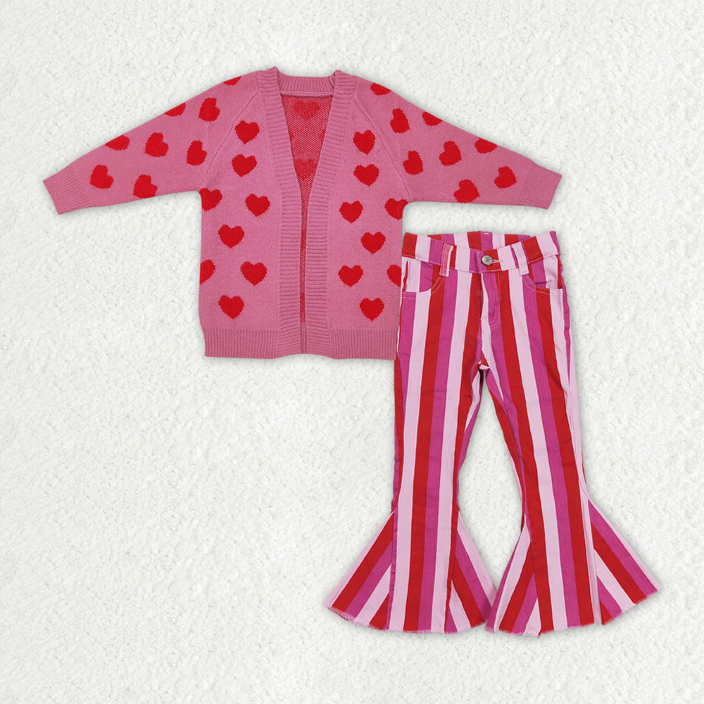 Baby Girls Hot Pink Long Sleeves Hearts Cardigan Sweater Stripe Bell Bottom Denim Pant Valentines Set