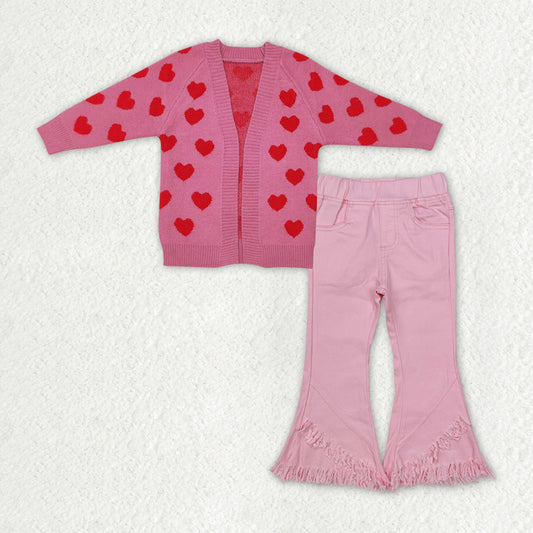 Baby Girls Hot Pink Long Sleeves Hearts Cardigan Sweater Pink Bell Bottom Denim Pant Valentines Set