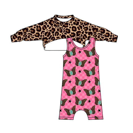 Baby Girls Pink Sleeveless Plaid Leopard Butterfly Stars Long Sleeves 2Pcs Jumpsuits Preorder