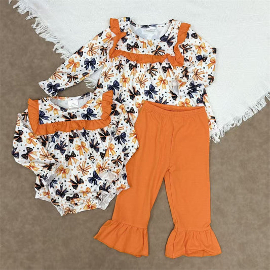 Spooky Sweet Bows Girls Ruffle Pants Set +Bubble Romper