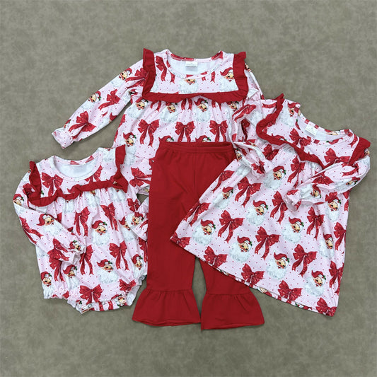 Sibling Girls Christmas Long Sleeve Red Bow Print Santa Clothes
